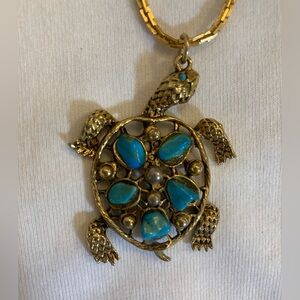 Turtle Turquoise Stone Nuggets Vintage Pendant Necklace